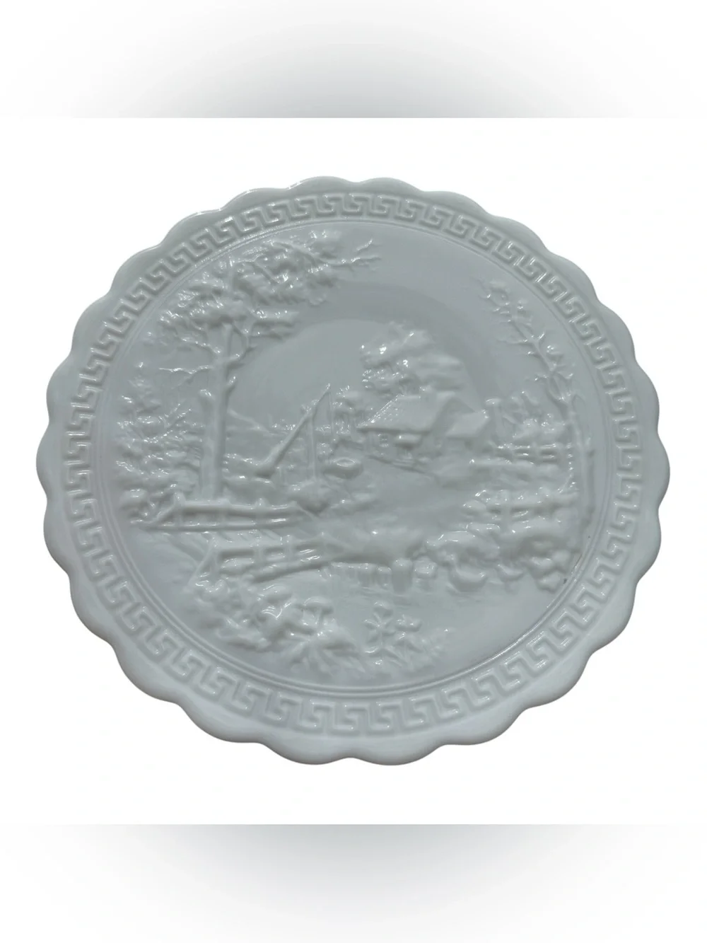 Vintage Milk Glass Scenic Cottage Relief Serving Platter Greek Key Oval Plate